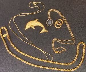 5 Pc Gold Tone Jewelry Lot Ambassador Rope Chain Dolphin Brooch Druzy Pendant